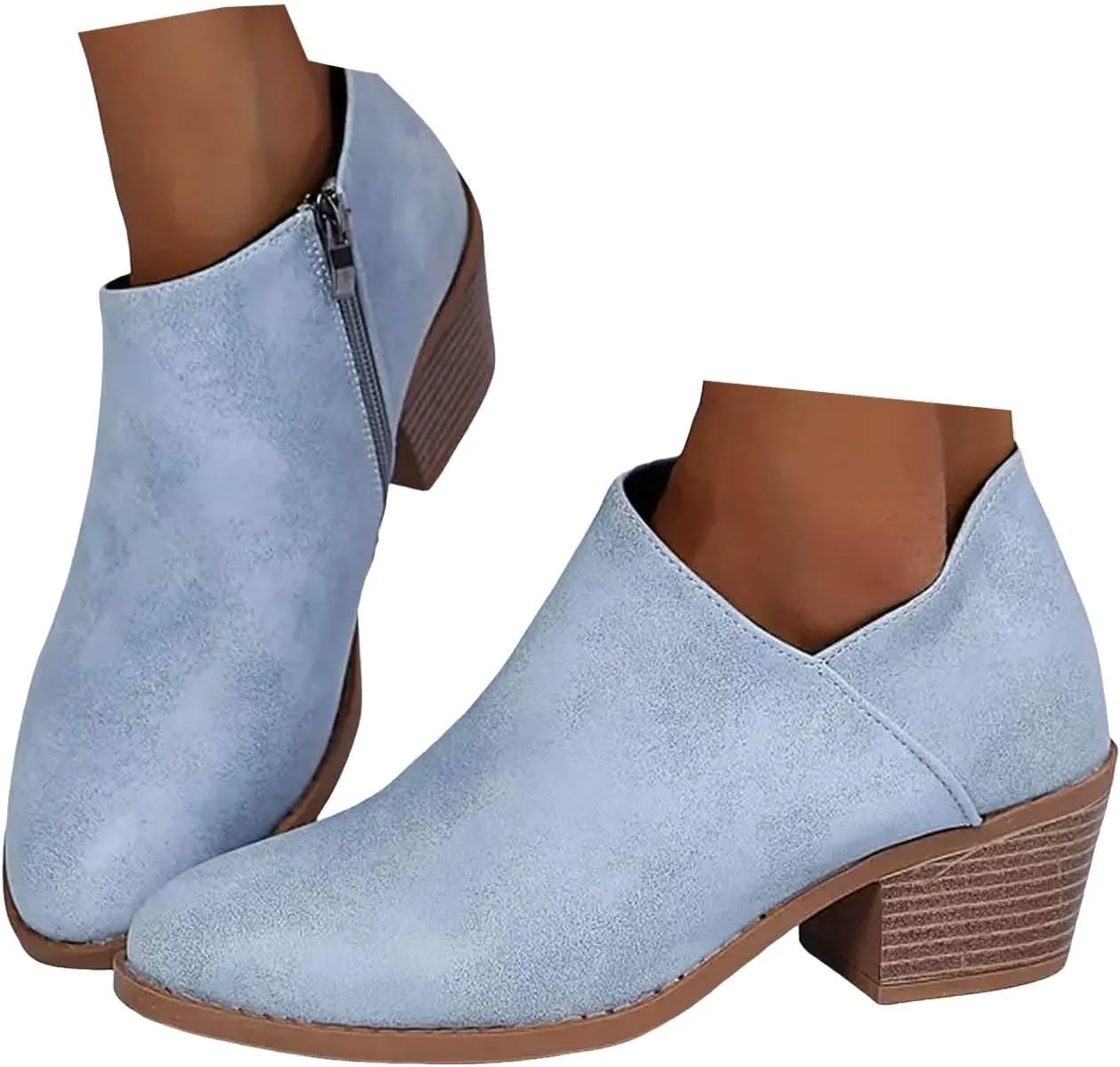 Ankle Boots for Women Chunky Heels Boots Western Fashion Pointed Toe Boot Zipper Slip-On V Cut Riding Boots For Women