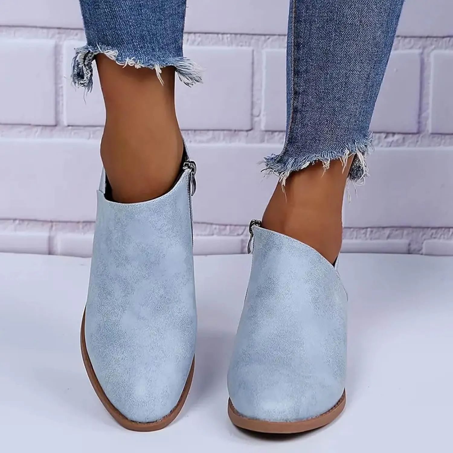 Ankle Boots for Women Chunky Heels Boots Western Fashion Pointed Toe Boot Zipper Slip-On V Cut Riding Boots For Women