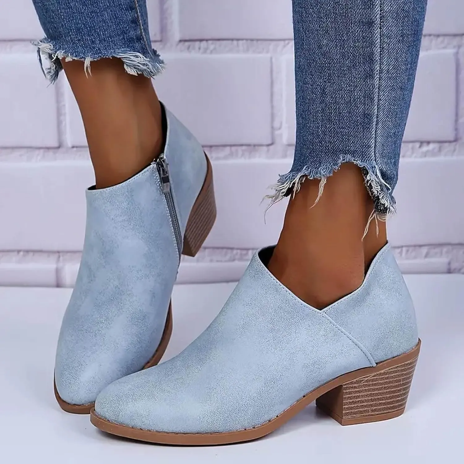 Ankle Boots for Women Chunky Heels Boots Western Fashion Pointed Toe Boot Zipper Slip-On V Cut Riding Boots For Women
