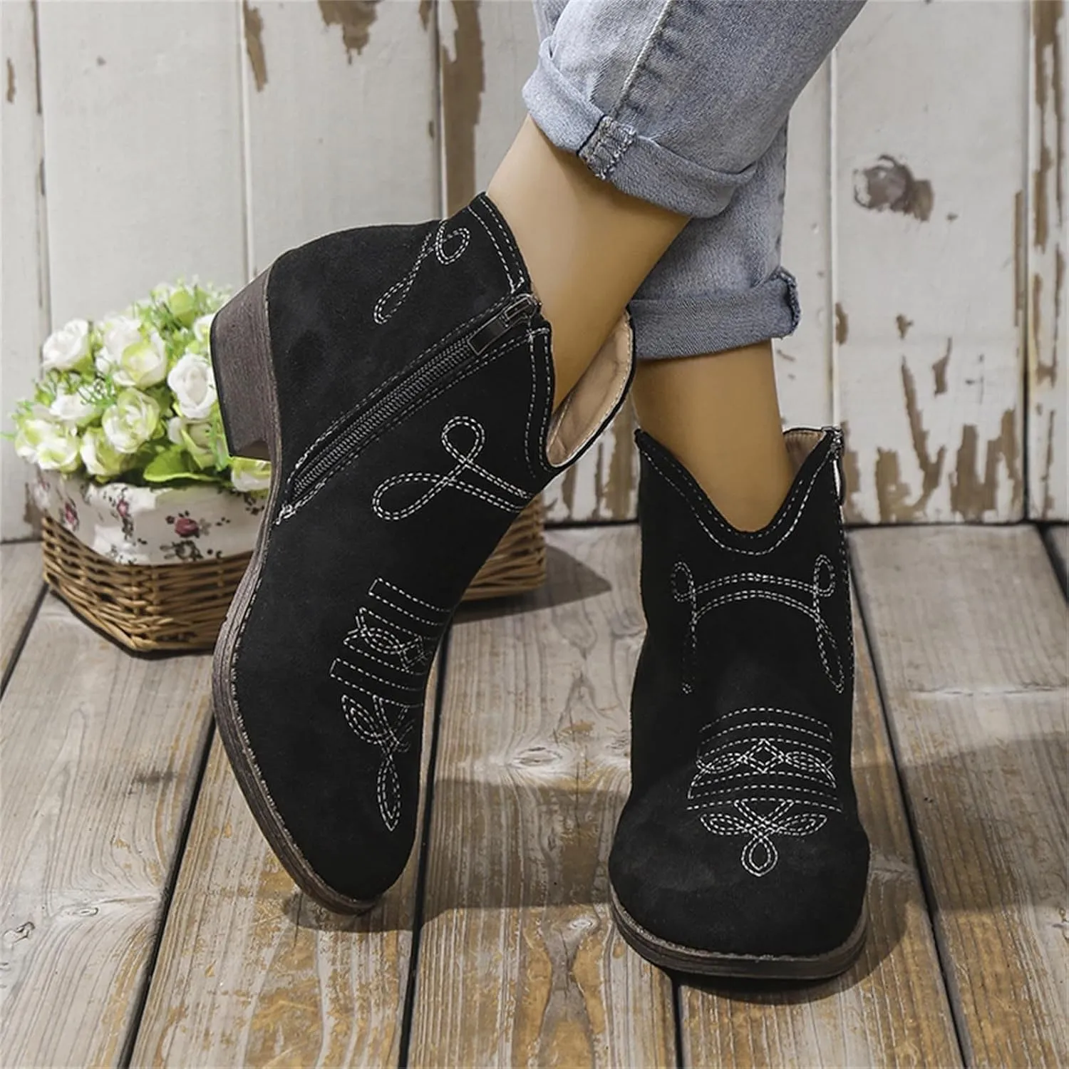 Ankle Boots for Women Dressy Western Boots Women Fashion Flock Suede Thick Heels Pointy Toe Women Dressy Ankle Boots