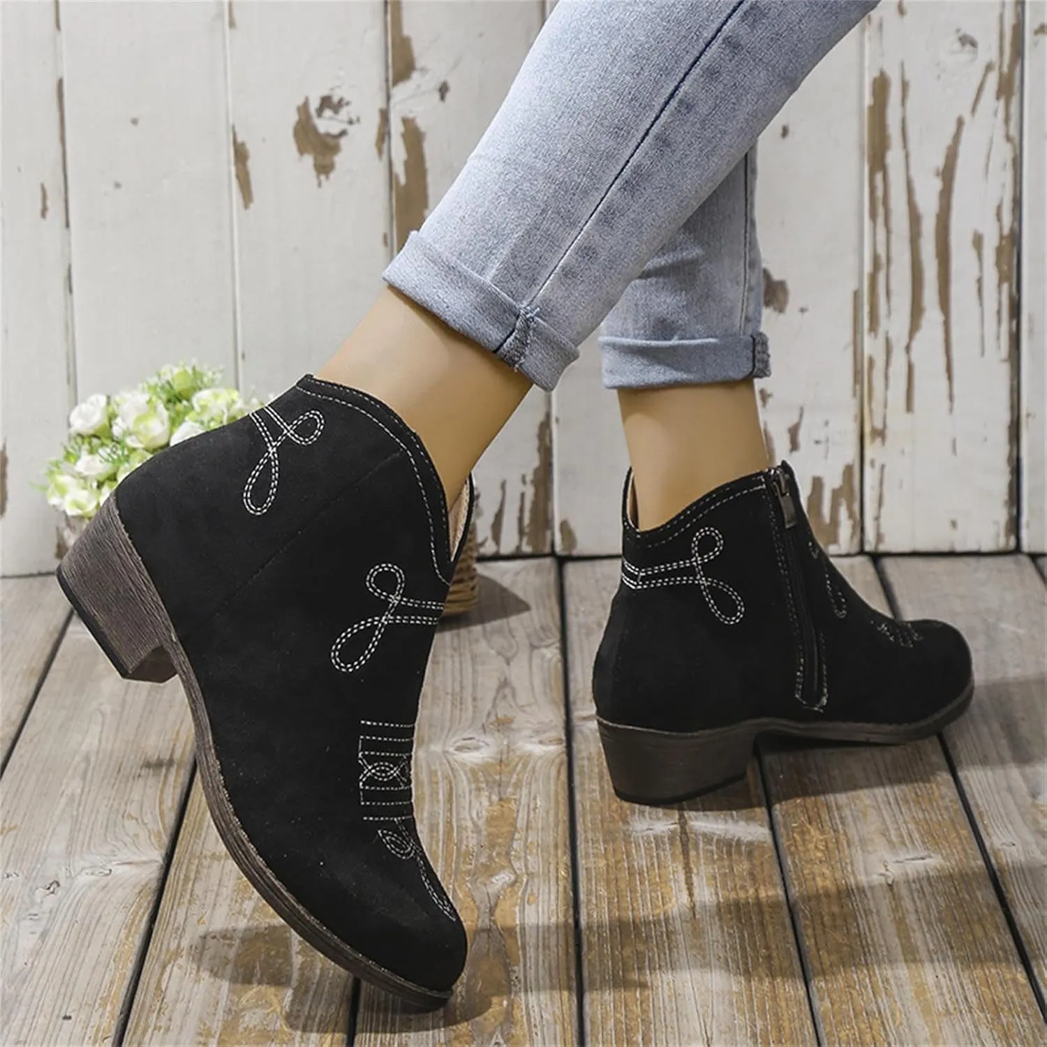 Ankle Boots for Women Dressy Western Boots Women Fashion Flock Suede Thick Heels Pointy Toe Women Dressy Ankle Boots