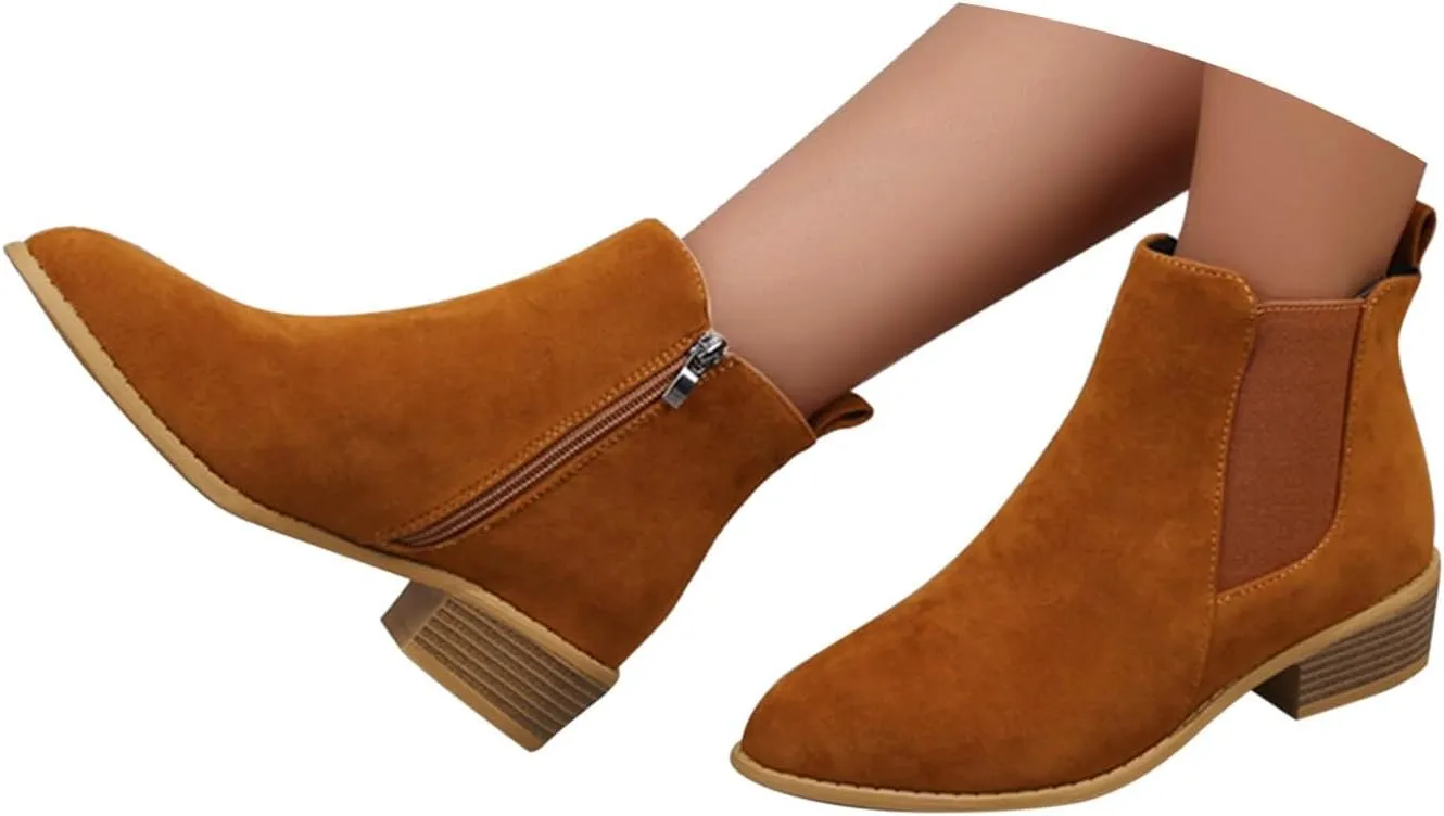 Ankle Boots for Women Fashion Western Faux Suede Chunky Stacked Heel Booties Pointed Toe Side Zippers Comfortable Lightweight