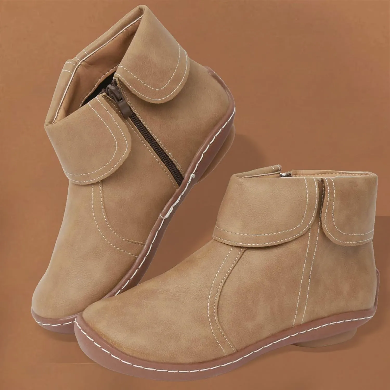 Ankle Boots for Women No Heel Casual Chelsea Boots Retro Classic Non Slip Round Toe Platform Side Zipper Riding Boots