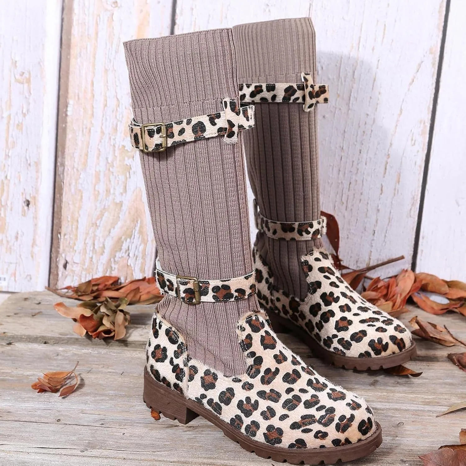 Bcshiye Women's Mid Calf Fashion Winter Socks Snow Boots Round Toe Buckle Sexy Leopard Knee High Riding Boots