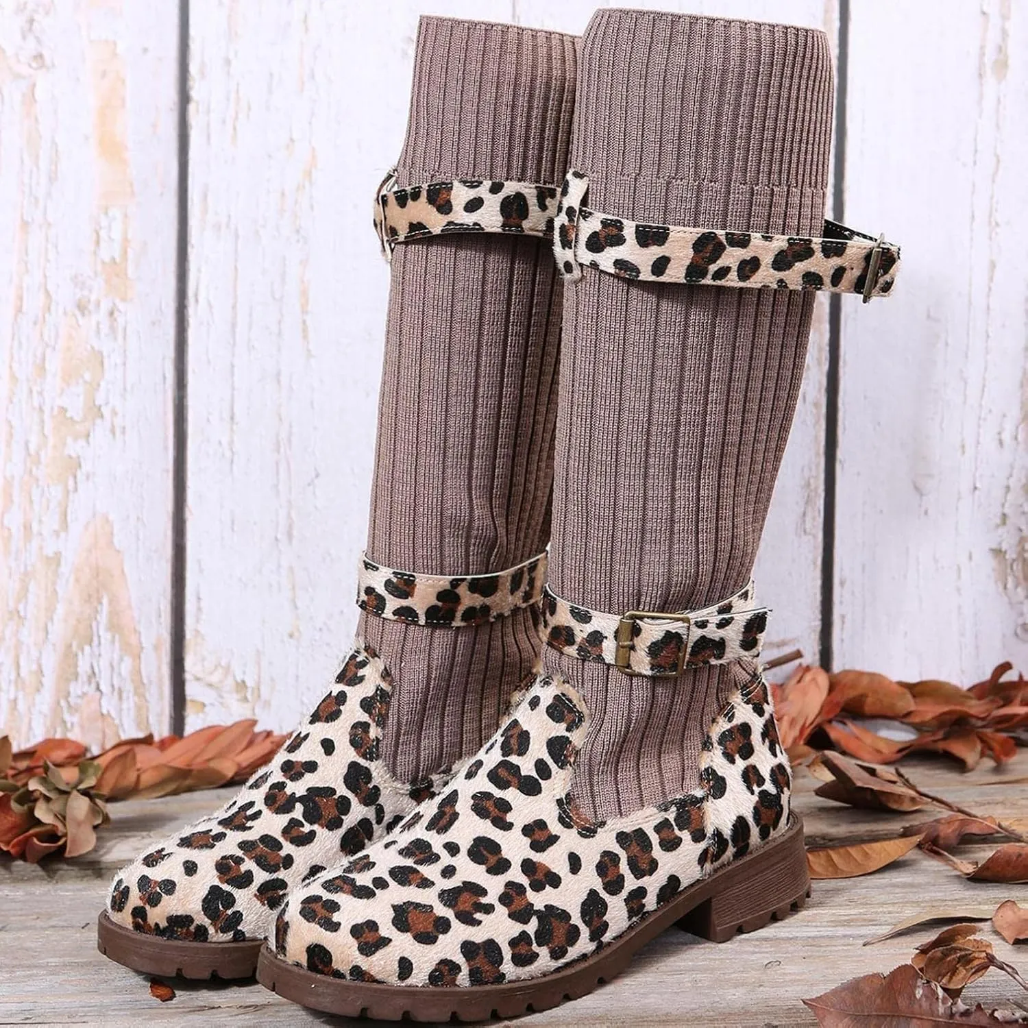 Bcshiye Women's Mid Calf Fashion Winter Socks Snow Boots Round Toe Buckle Sexy Leopard Knee High Riding Boots