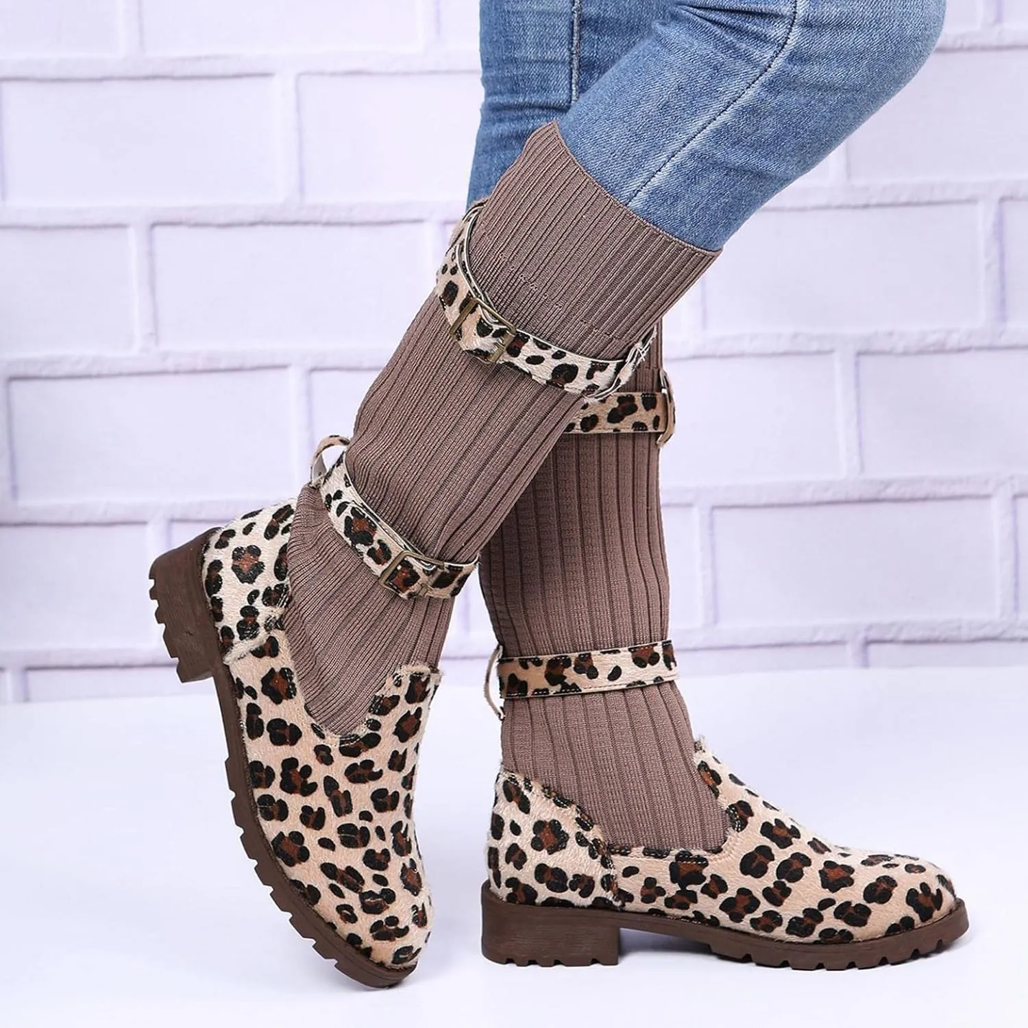 Bcshiye Women's Mid Calf Fashion Winter Socks Snow Boots Round Toe Buckle Sexy Leopard Knee High Riding Boots