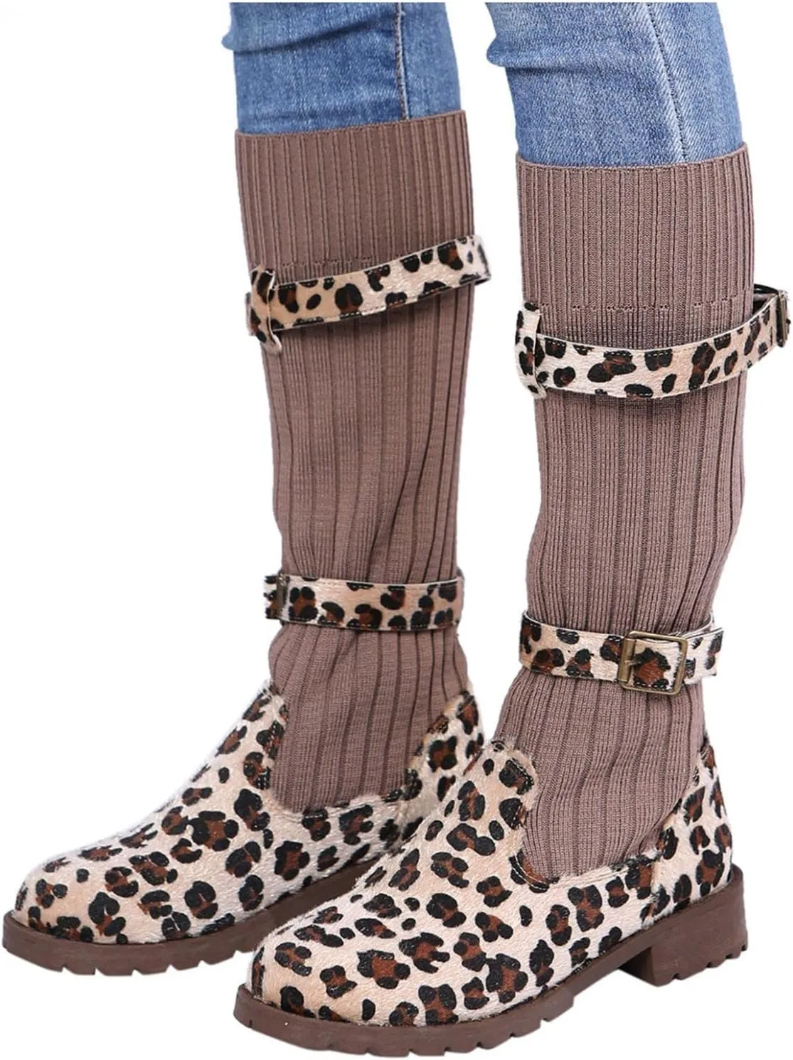 Bcshiye Women's Mid Calf Fashion Winter Socks Snow Boots Round Toe Buckle Sexy Leopard Knee High Riding Boots