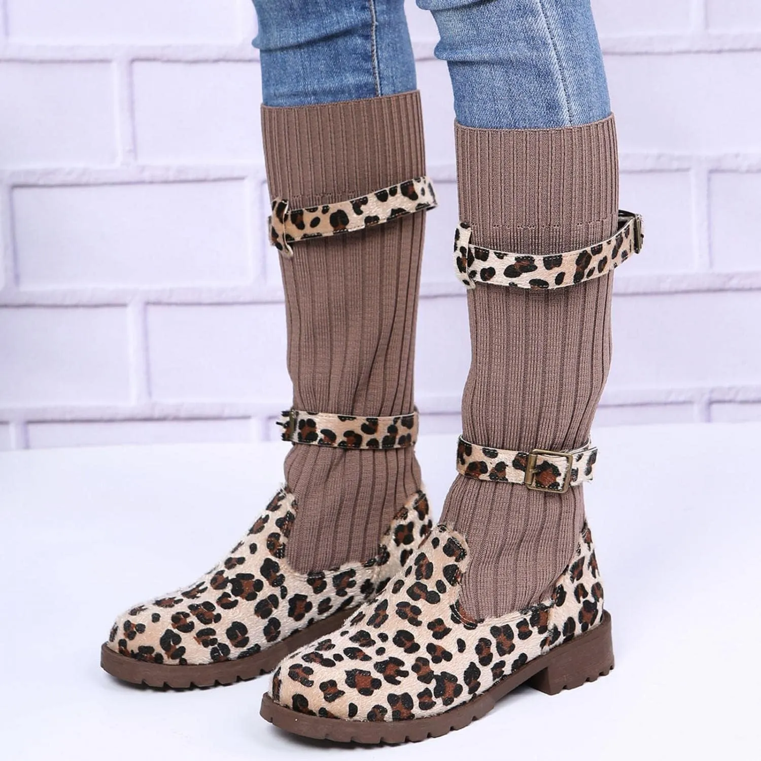 Bcshiye Women's Mid Calf Fashion Winter Socks Snow Boots Round Toe Buckle Sexy Leopard Knee High Riding Boots
