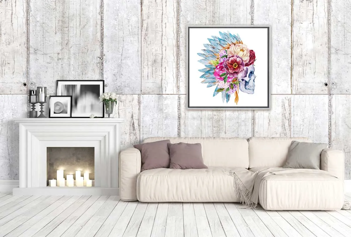 Boho Floral Head Dress Skull | Canvas Wall Art Print