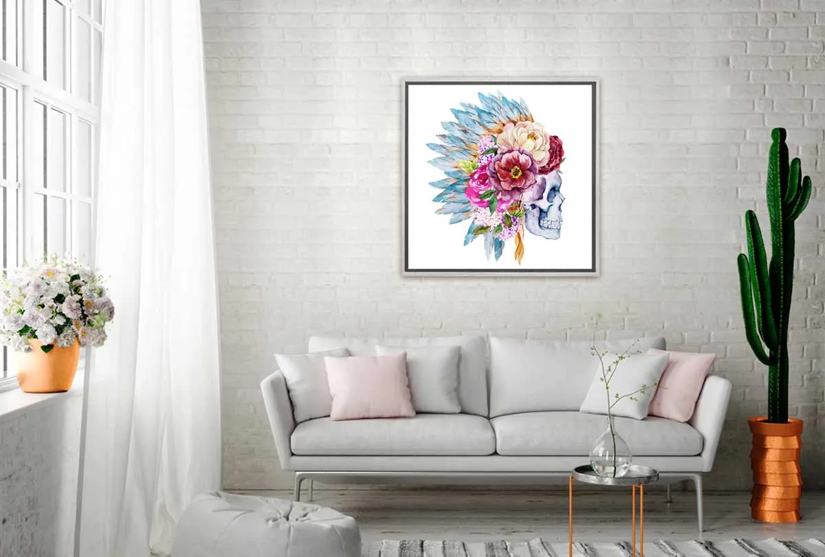 Boho Floral Head Dress Skull | Canvas Wall Art Print