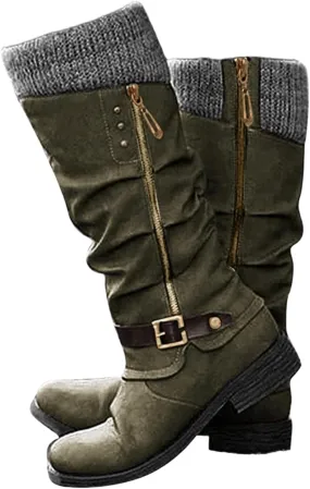 Boots For Women Knee High Wide Calf Low Heel Square Toe Motorcycle Biker Riding Boots Side Zipper Mid Calf Dress Boot