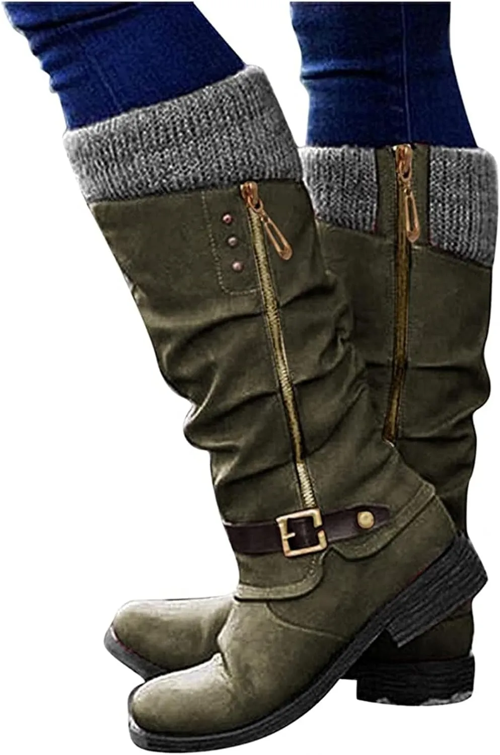 Boots For Women Knee High Wide Calf Low Heel Square Toe Motorcycle Biker Riding Boots Side Zipper Mid Calf Dress Boot