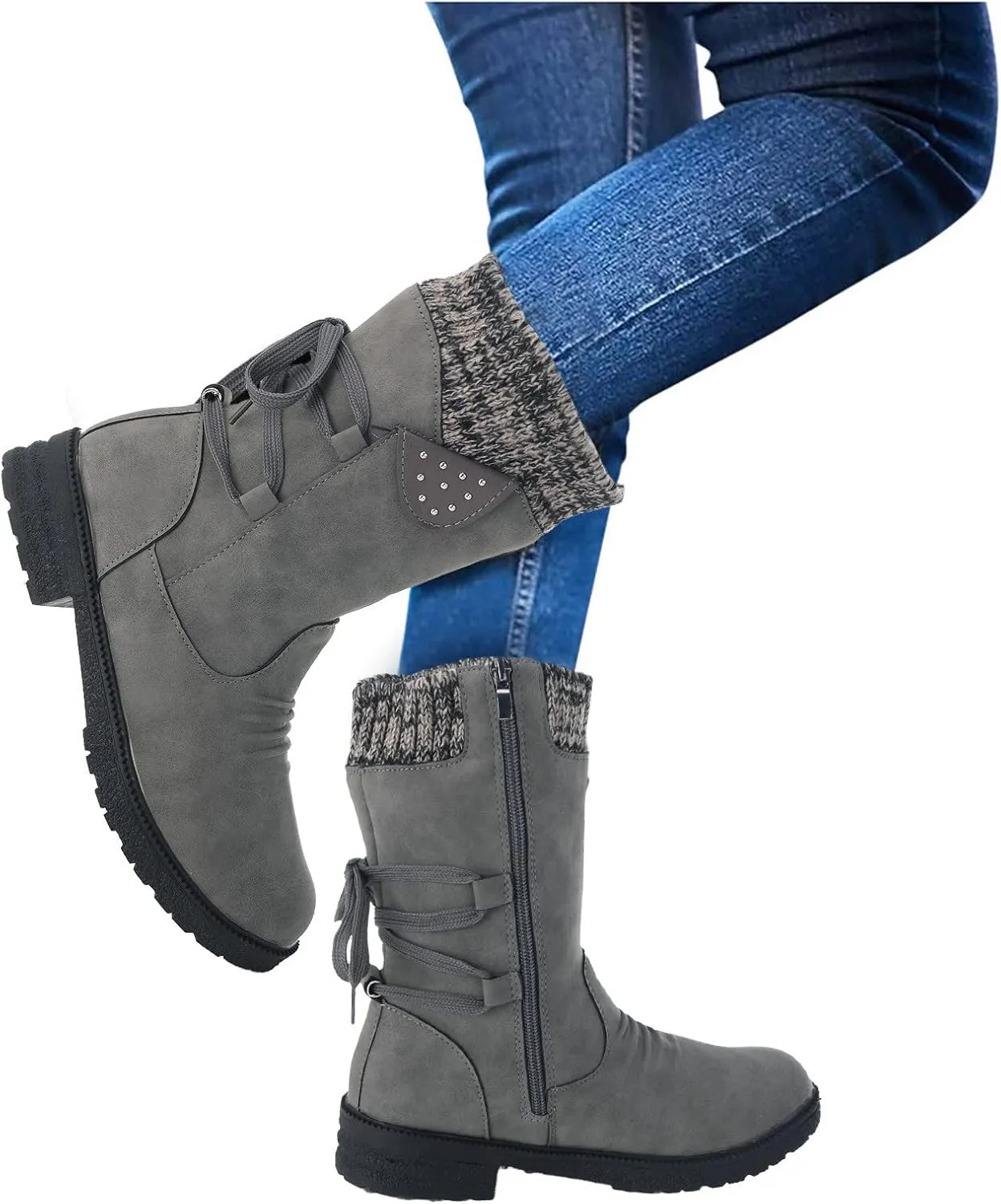 Boots For Women Low Heel Mid Calf Winter Boots Side Zip Western Platform Hiking Booties Warm Non Slip Outdoor Shoes