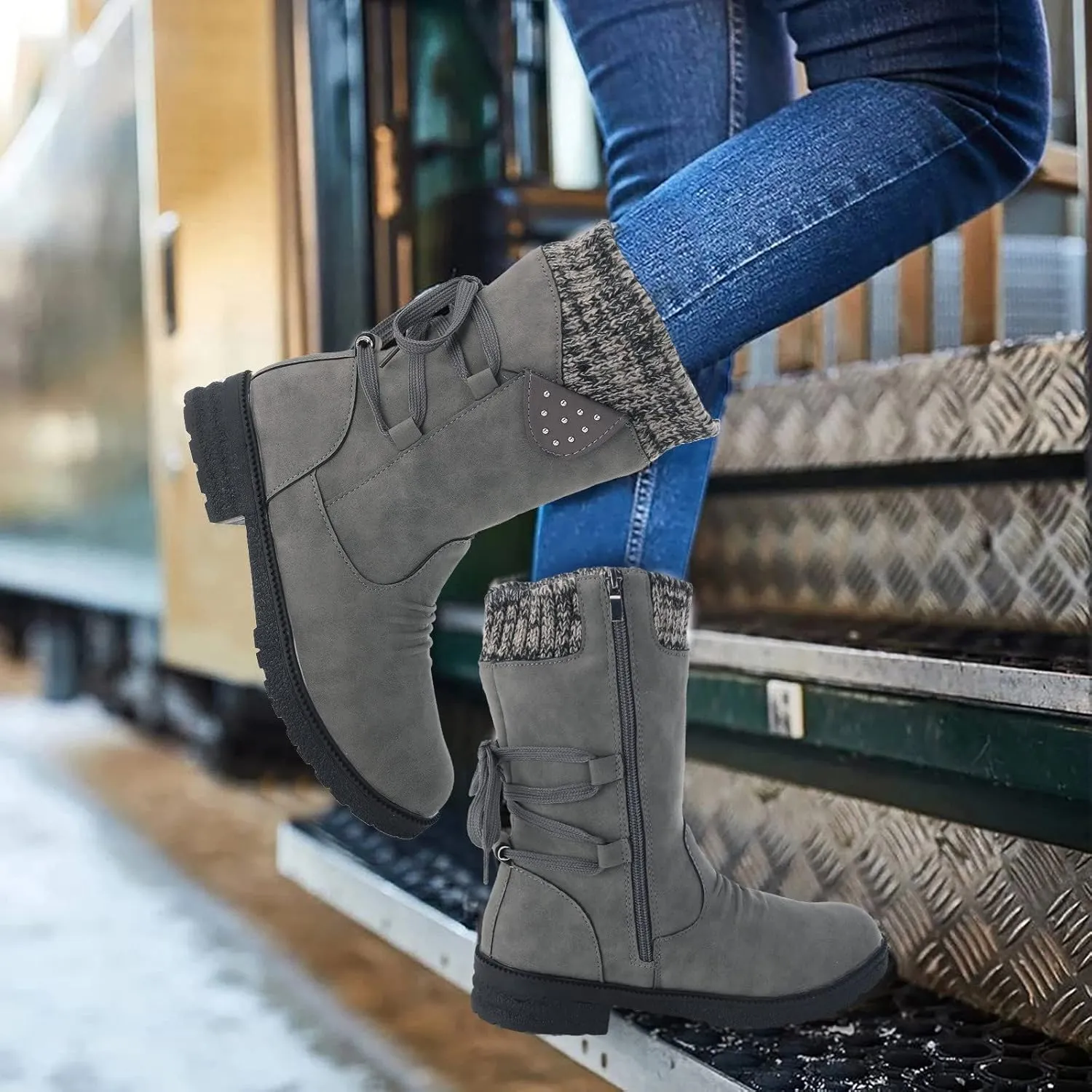 Boots For Women Low Heel Mid Calf Winter Boots Side Zip Western Platform Hiking Booties Warm Non Slip Outdoor Shoes