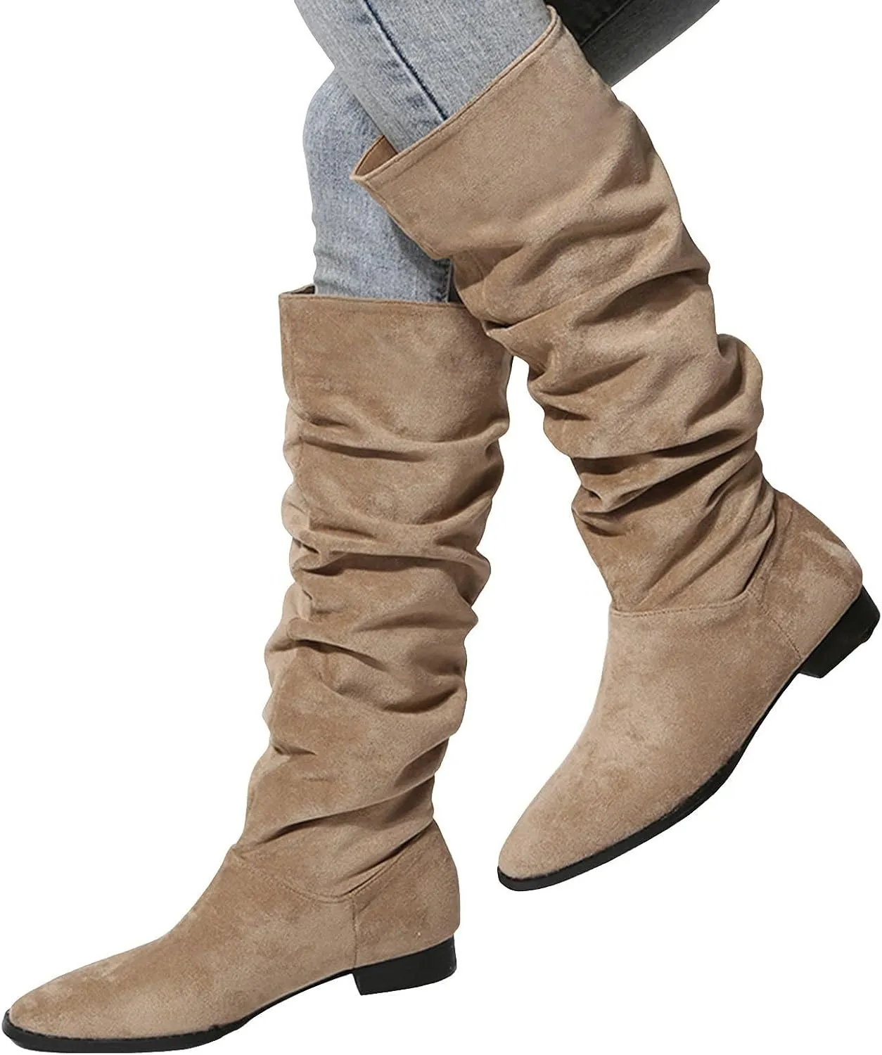 Boots for Women, Solid Color Mid Calf Chunky Heel Pointed Toe Pleated Knee High Boots Wide Calf Block Heel Boots