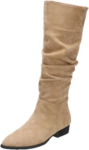 Boots for Women, Solid Color Mid Calf Chunky Heel Pointed Toe Pleated Knee High Boots Wide Calf Block Heel Boots