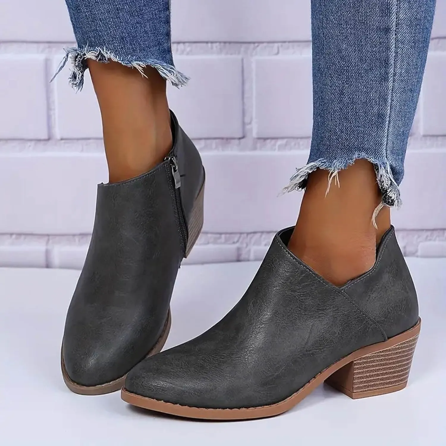 Cathalem Boots for Women Womens Boots Low Heel Pointed Toe Ankle Booties Side Zipper Shoes Chunky Heels Short Booties