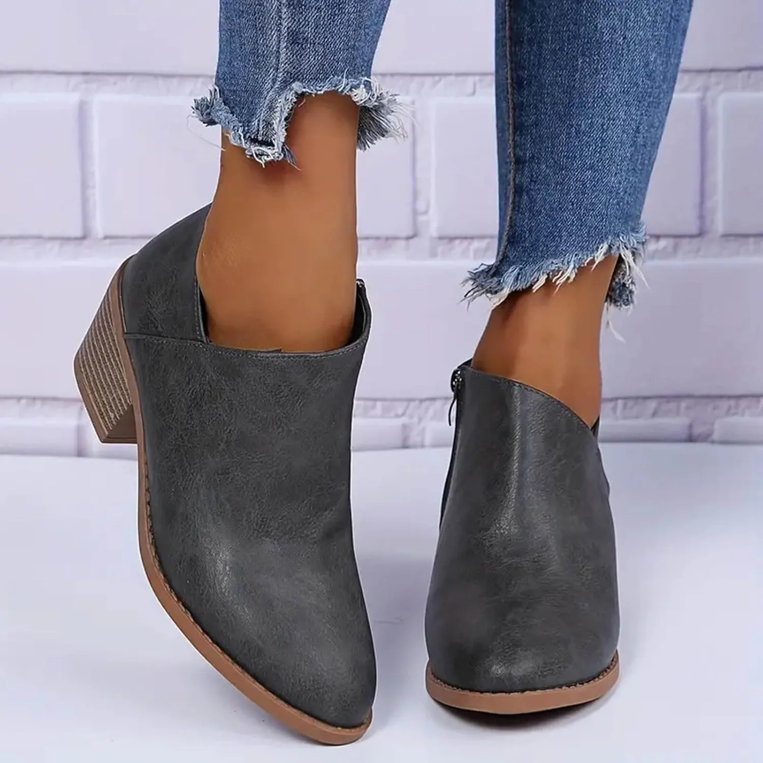 Cathalem Boots for Women Womens Boots Low Heel Pointed Toe Ankle Booties Side Zipper Shoes Chunky Heels Short Booties