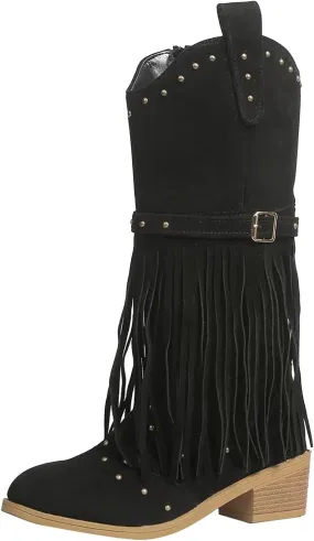 Cowboy Boots for Women Retro Tassel Cowgirl Classic Mid Calf Booties Western Pointy Toe Chunky Stacked Heel with Fringe Shoes