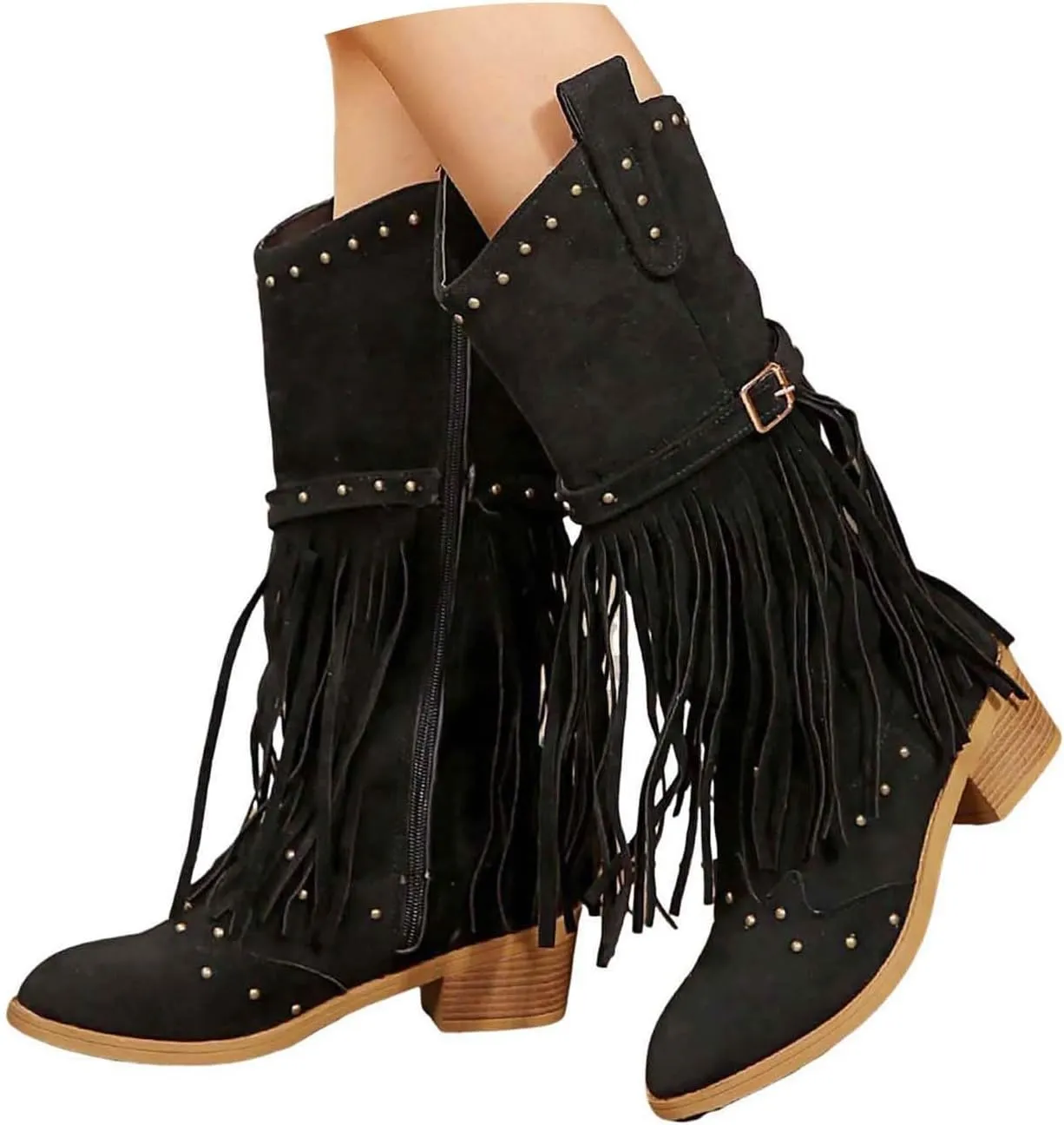 Cowboy Boots for Women Retro Tassel Cowgirl Classic Mid Calf Booties Western Pointy Toe Chunky Stacked Heel with Fringe Shoes