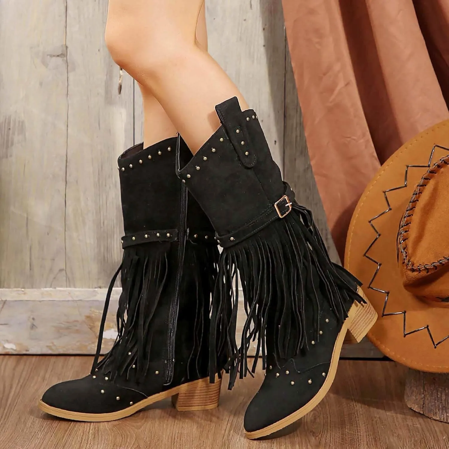 Cowboy Boots for Women Retro Tassel Cowgirl Classic Mid Calf Booties Western Pointy Toe Chunky Stacked Heel with Fringe Shoes