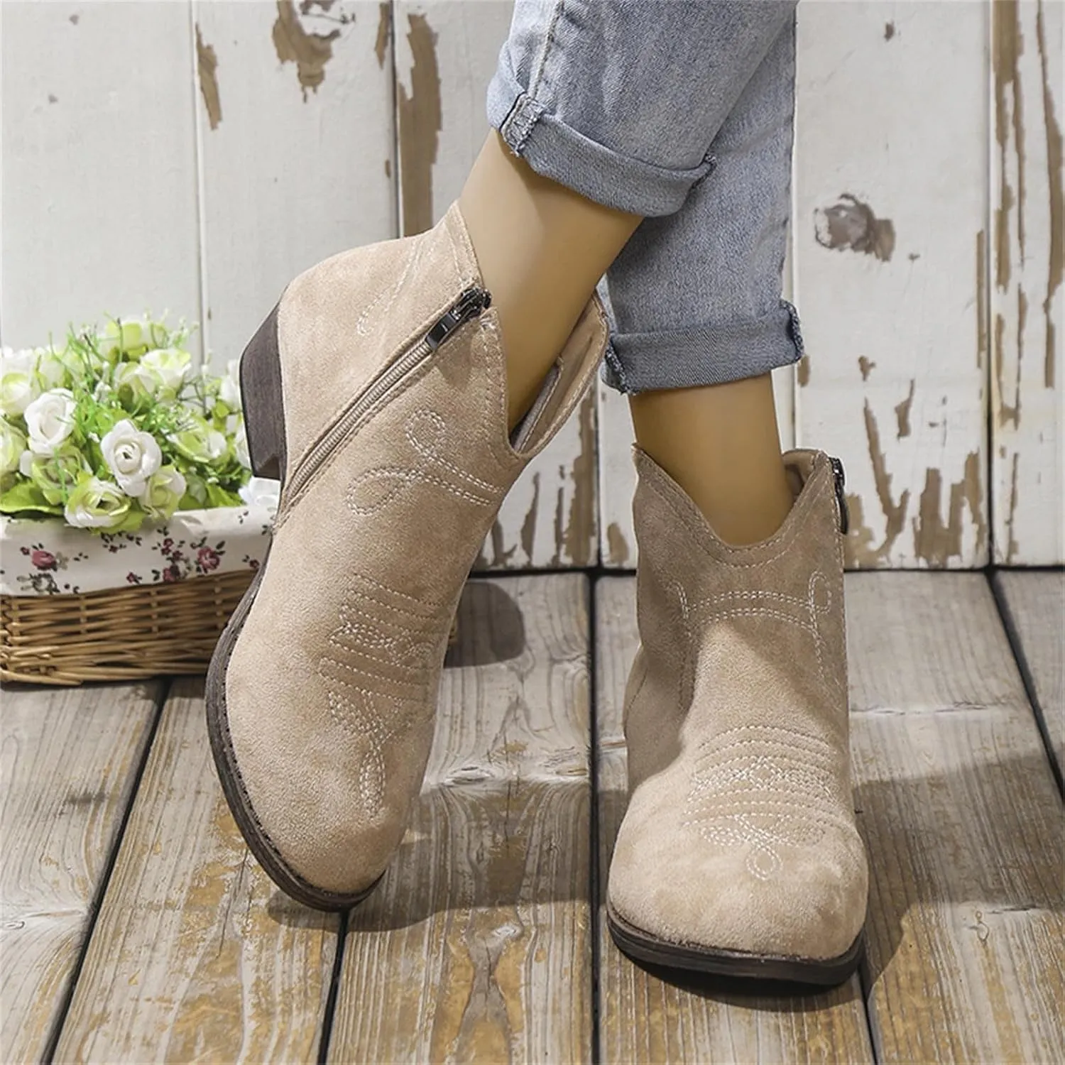 Cowboy Boots for Women Women's Low Heel Comfortable Western Cowgirl with Side Zip Boots Ankle Boots Fashion Booties