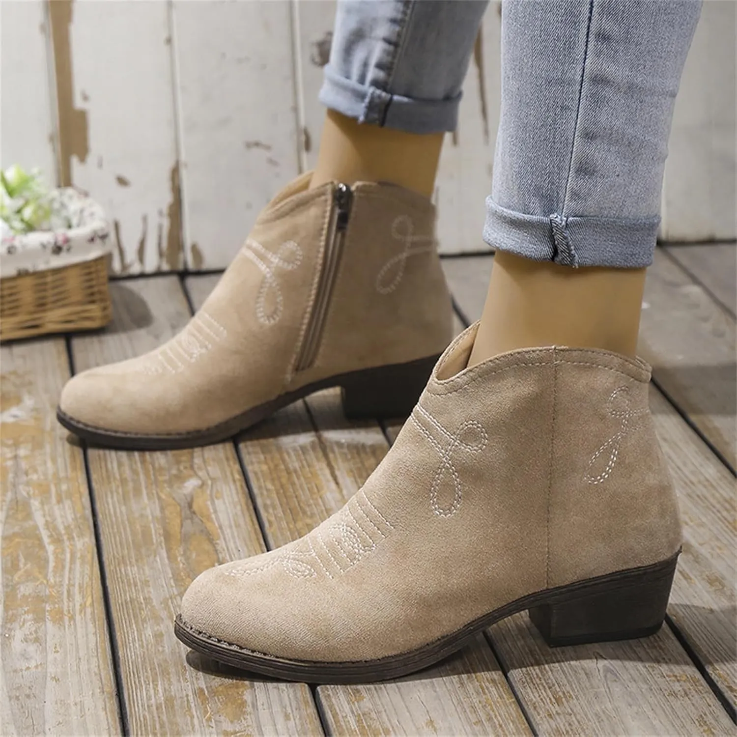 Cowboy Boots for Women Women's Low Heel Comfortable Western Cowgirl with Side Zip Boots Ankle Boots Fashion Booties