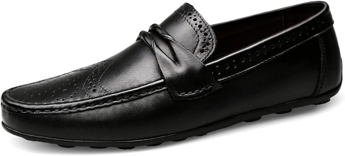 Easy to Put and Remove Driving Moccasins Loafer Shoes for Men Brogue Wing Tip Genuine Leather Round Toe Resistant Flexible Flat Heel Comfortable Driving Slip On for All Occasions