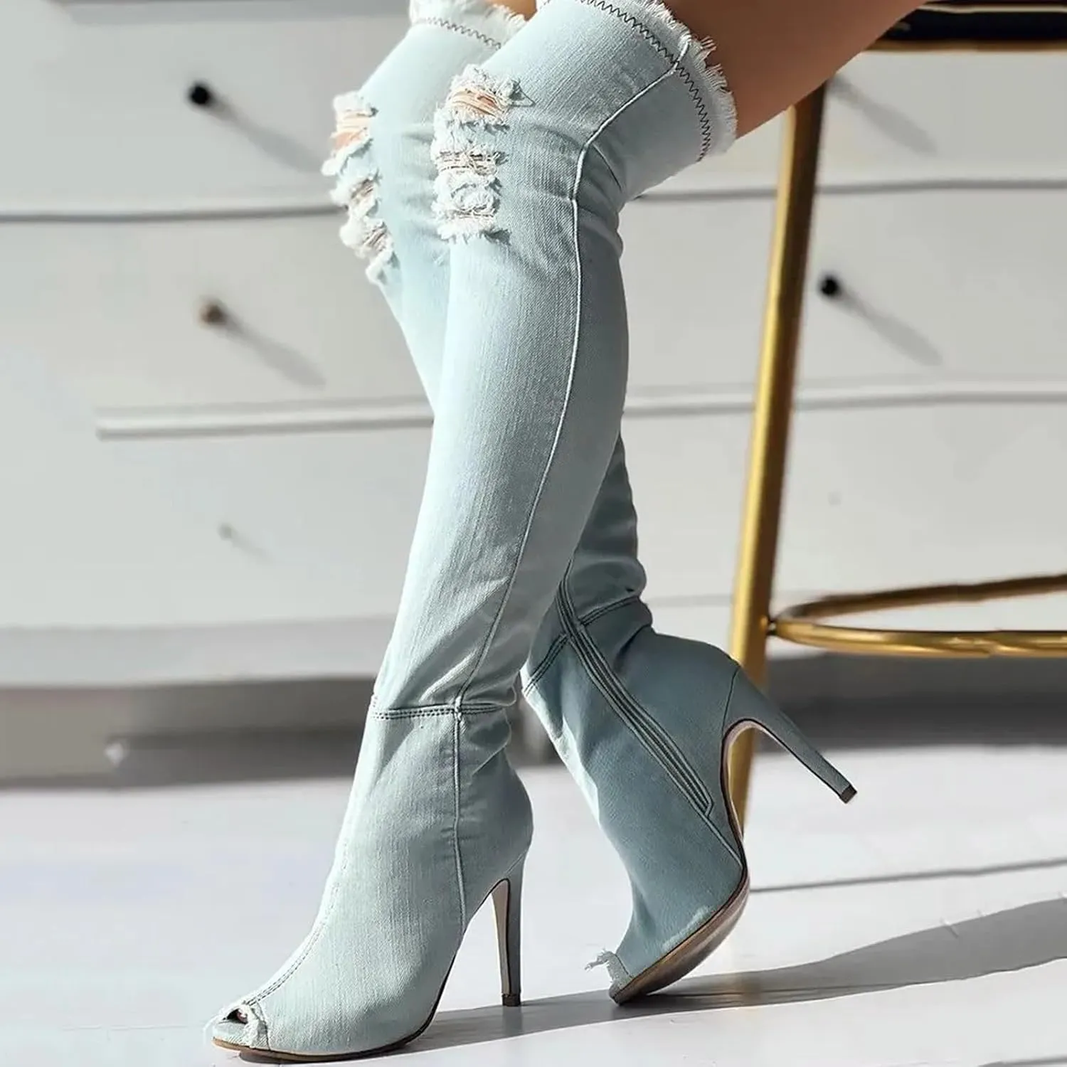 Fall Boots Womens Over The Knee Boots Stretch Thigh High Stiletto Denim Fish Mouth Boot Fashion Side Zip Boots