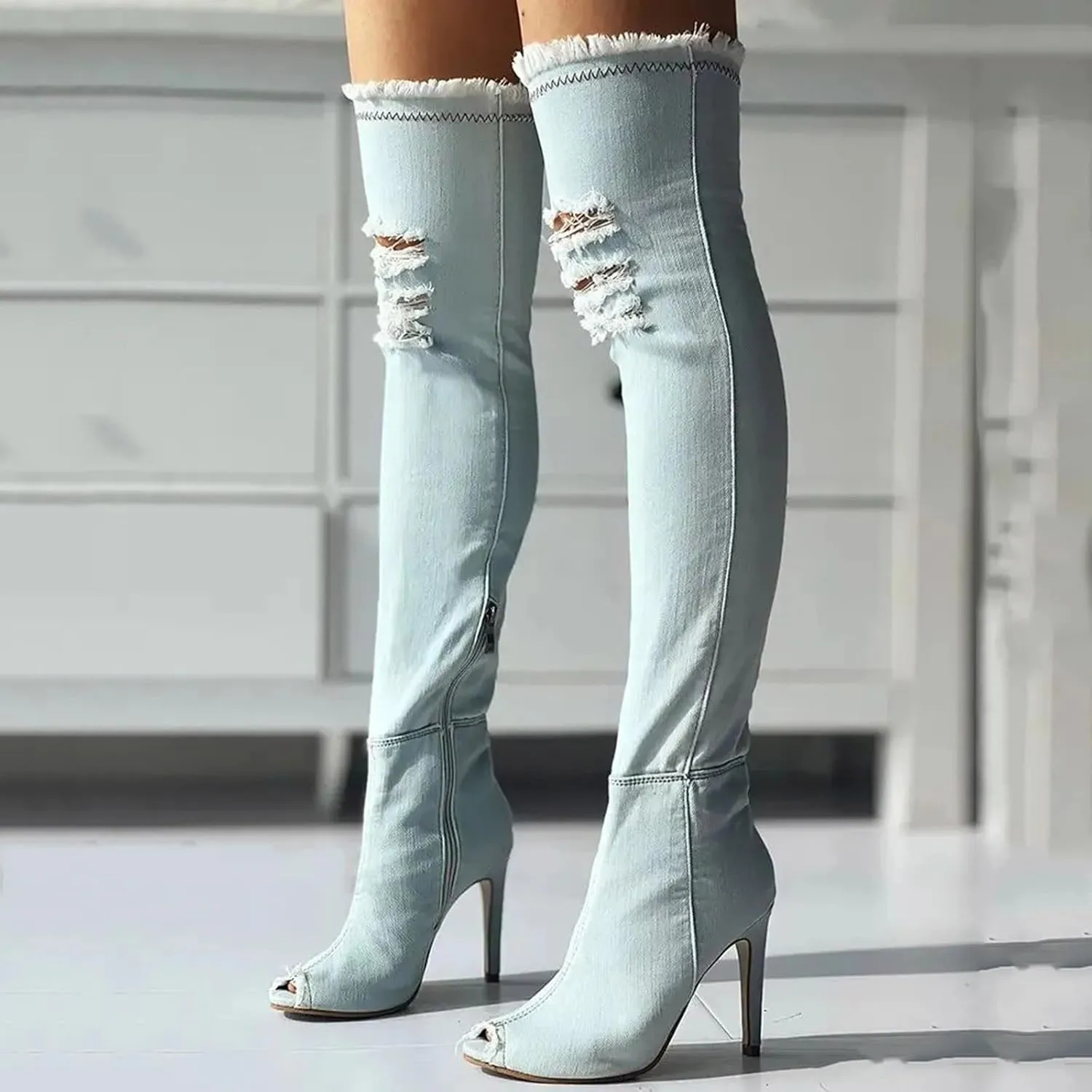 Fall Boots Womens Over The Knee Boots Stretch Thigh High Stiletto Denim Fish Mouth Boot Fashion Side Zip Boots