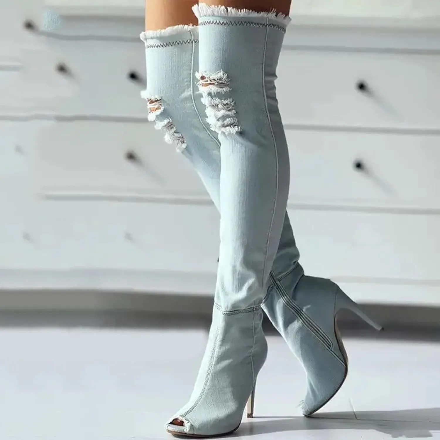 Fall Boots Womens Over The Knee Boots Stretch Thigh High Stiletto Denim Fish Mouth Boot Fashion Side Zip Boots