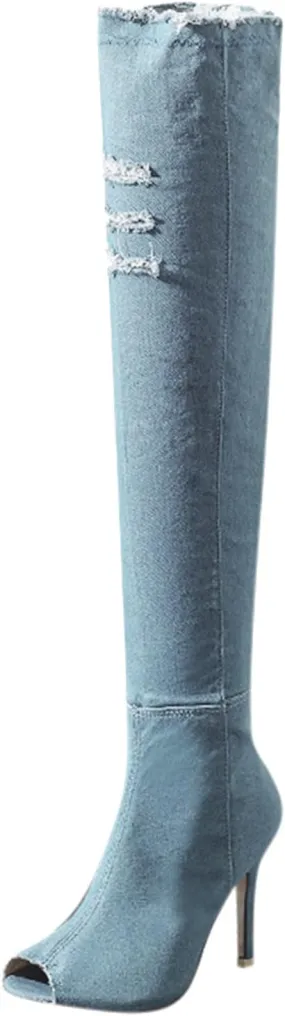 Fall Boots Womens Over The Knee Boots Stretch Thigh High Stiletto Denim Fish Mouth Boot Fashion Side Zip Boots