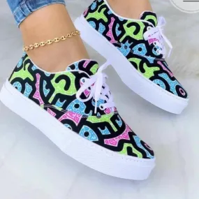 Flat Canvas Shoes Colorful Graffiti Lace Casual Trainers
