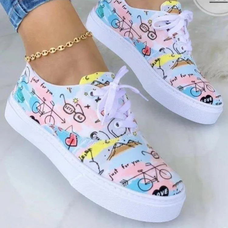 Flat Canvas Shoes Colorful Graffiti Lace Casual Trainers