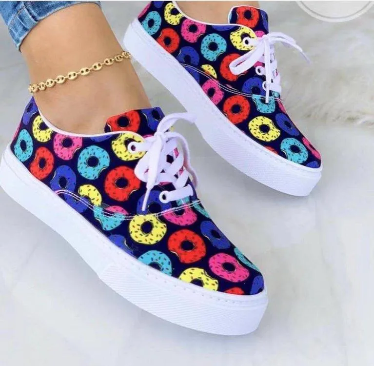 Flat Canvas Shoes Colorful Graffiti Lace Casual Trainers