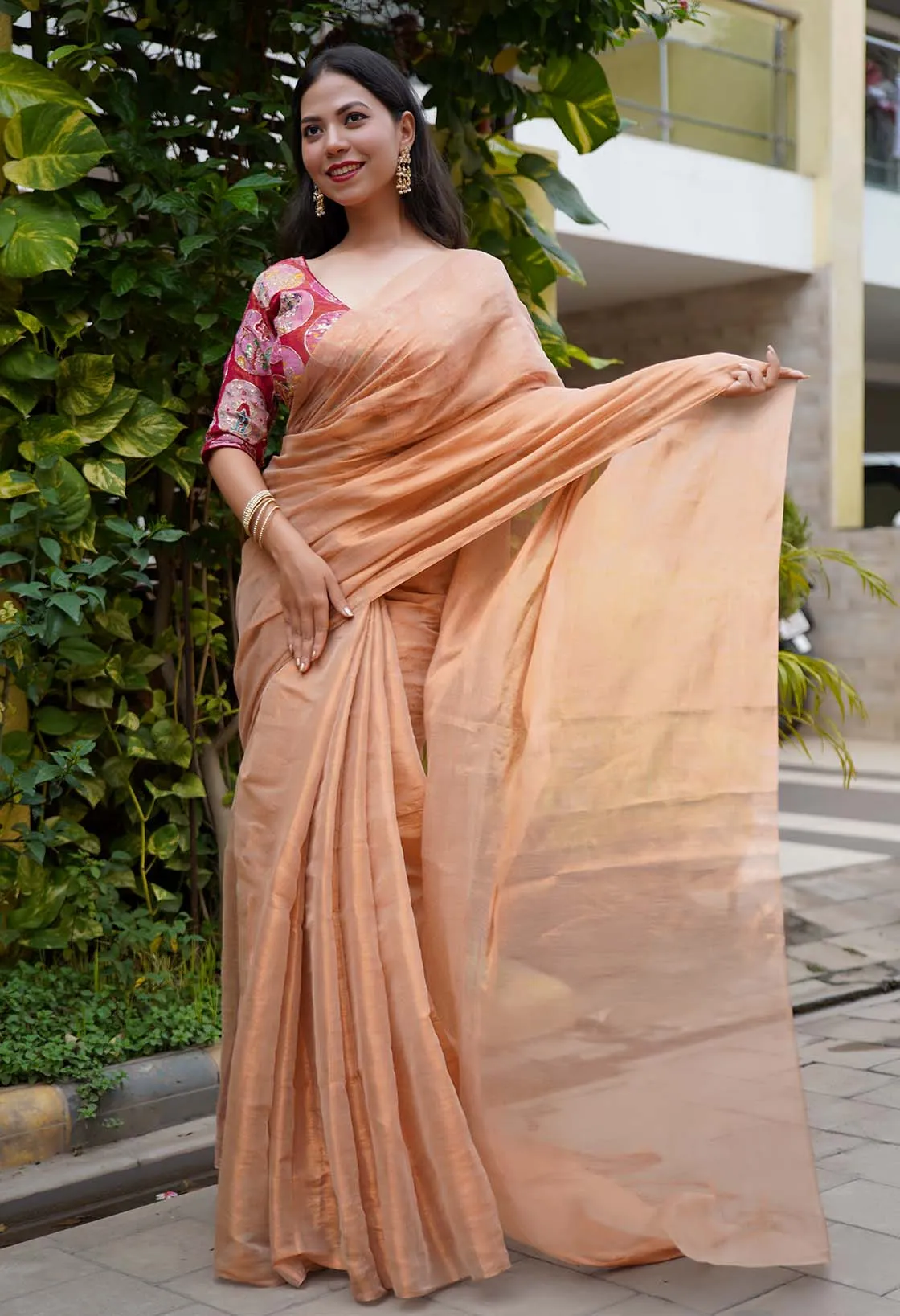 Golden Dhoop Chaav Metallic Tissue  With Tassels on Pallu Wrap In One Minute saree