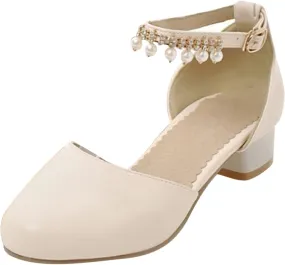 High Heel Closed Pointed Toe Sandals for Girls Kids Ankle Strap Beaded Pearl Formal Shoes Fancy Wedding Basic