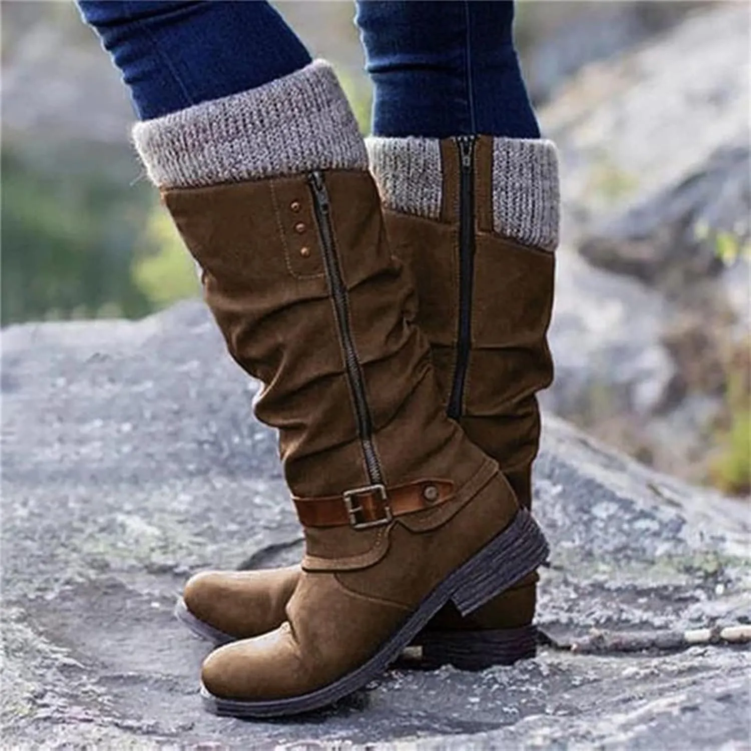Ladmiple Boots For Women 2024 Low Heel Mid Calf Dress Biker Boots Side Zipper Motorcycle Combat Riding Military Ankle Booties