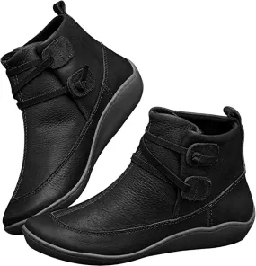 Ladmiple Boots For Women No Heel Fashion Ankle Boots Short Booties Cowboy Cowgirl Western Classic Retro Casual Walking Shoes