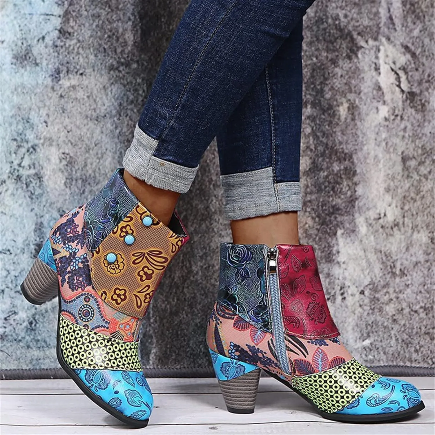 Lausiuoe Ankle Boots For Women Dressy Chunky Heel Cowgirl Cowboy Western Short Booties Wide Width Side Zipper Booties