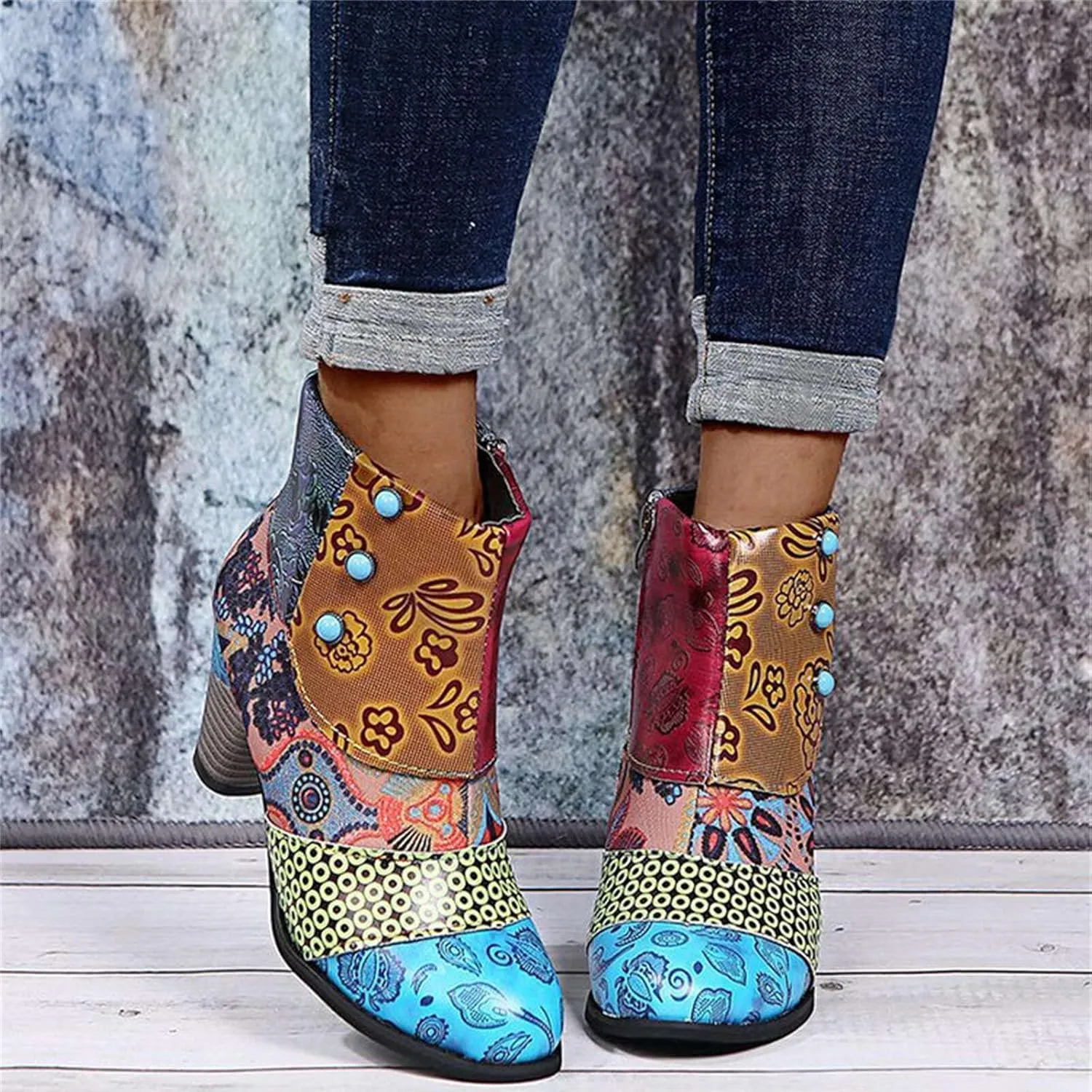 Lausiuoe Ankle Boots For Women Dressy Chunky Heel Cowgirl Cowboy Western Short Booties Wide Width Side Zipper Booties