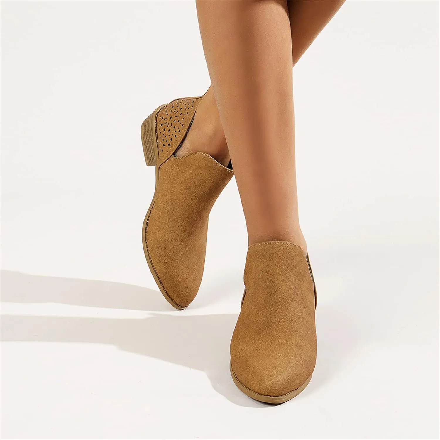 Lausiuoe Boots For Women Ankle Booties Low Heel Cutout Block Stacked Chunky Heel Casual Dressy Slip on Fashion Booties