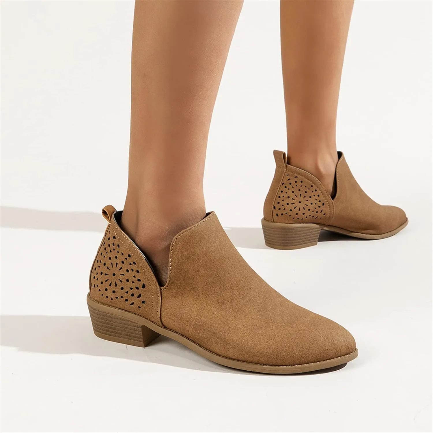 Lausiuoe Boots For Women Ankle Booties Low Heel Cutout Block Stacked Chunky Heel Casual Dressy Slip on Fashion Booties