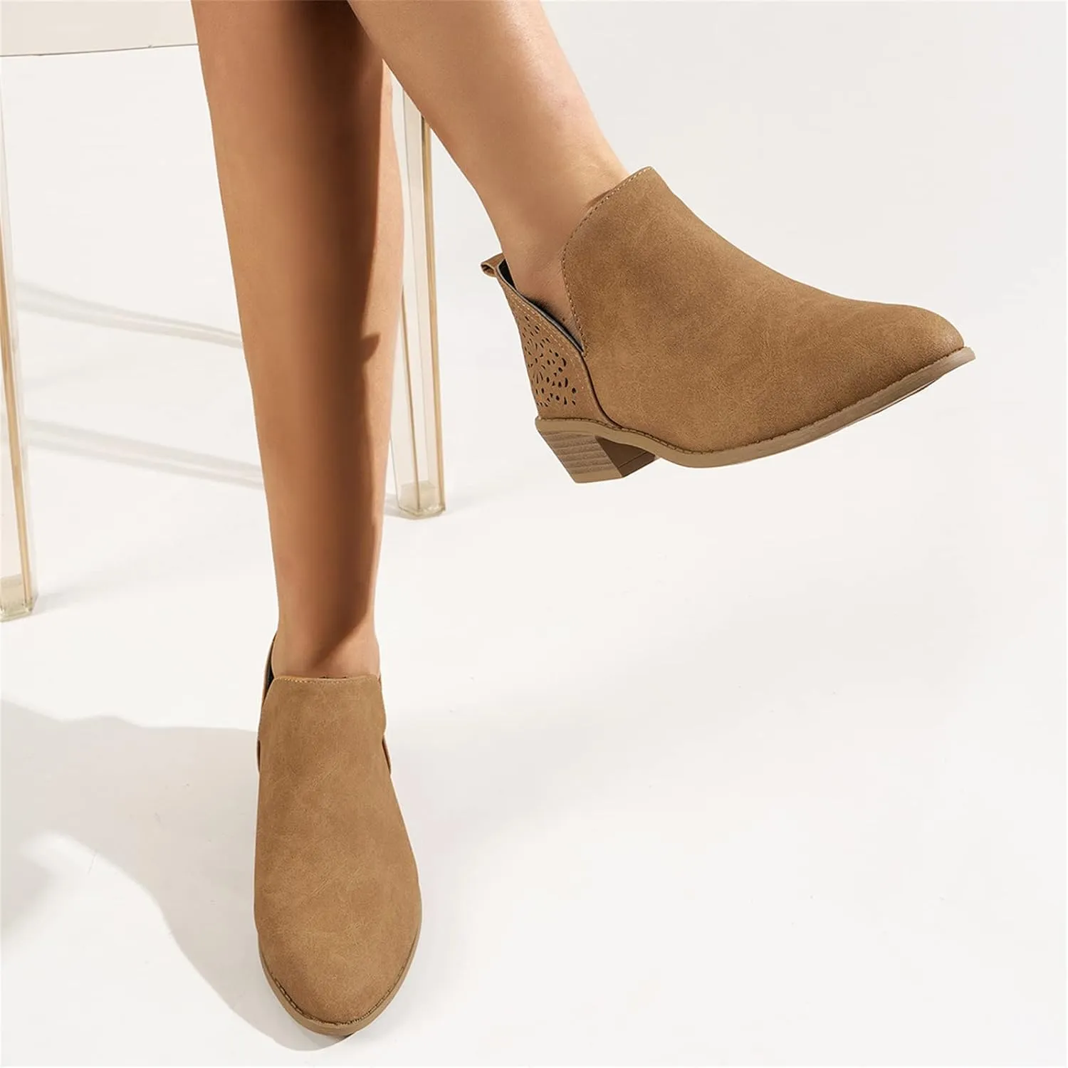 Lausiuoe Boots For Women Ankle Booties Low Heel Cutout Block Stacked Chunky Heel Casual Dressy Slip on Fashion Booties