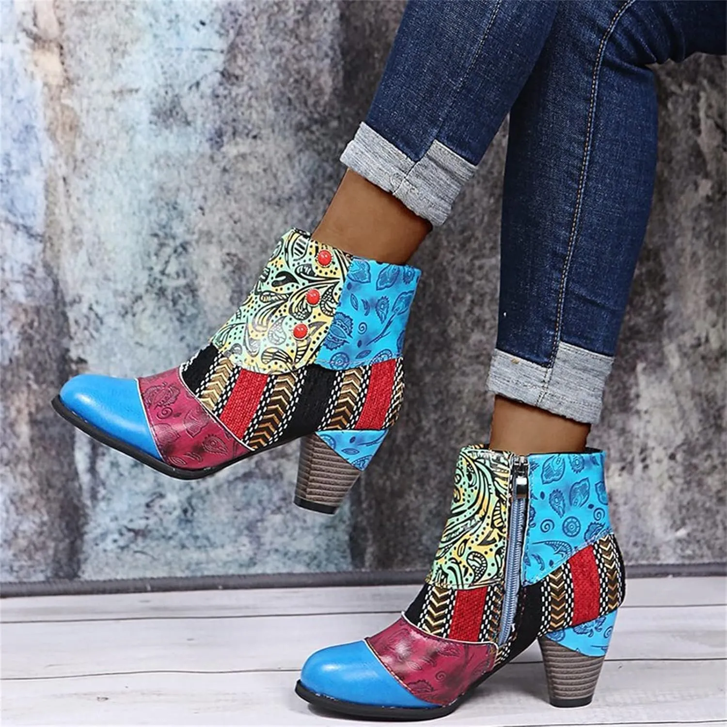 Lausiuoe Boots For Women Cowboy Style Ankle Booties Fashion Toe Stacked Mid Heel Short Boots Side Zipper Western Shoes