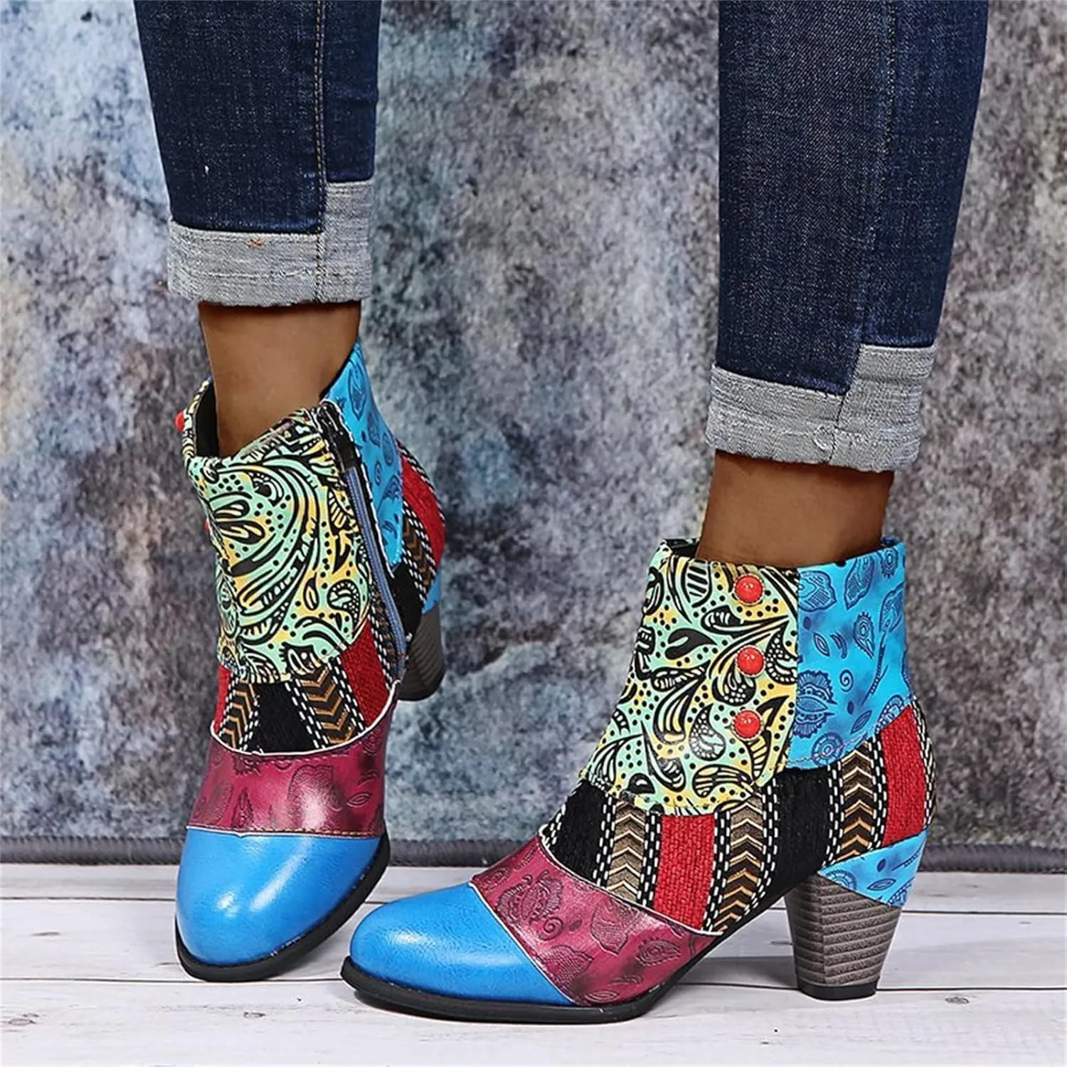 Lausiuoe Boots For Women Cowboy Style Ankle Booties Fashion Toe Stacked Mid Heel Short Boots Side Zipper Western Shoes