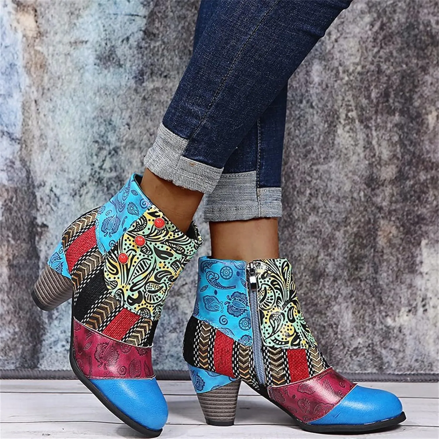 Lausiuoe Boots For Women Cowboy Style Ankle Booties Fashion Toe Stacked Mid Heel Short Boots Side Zipper Western Shoes