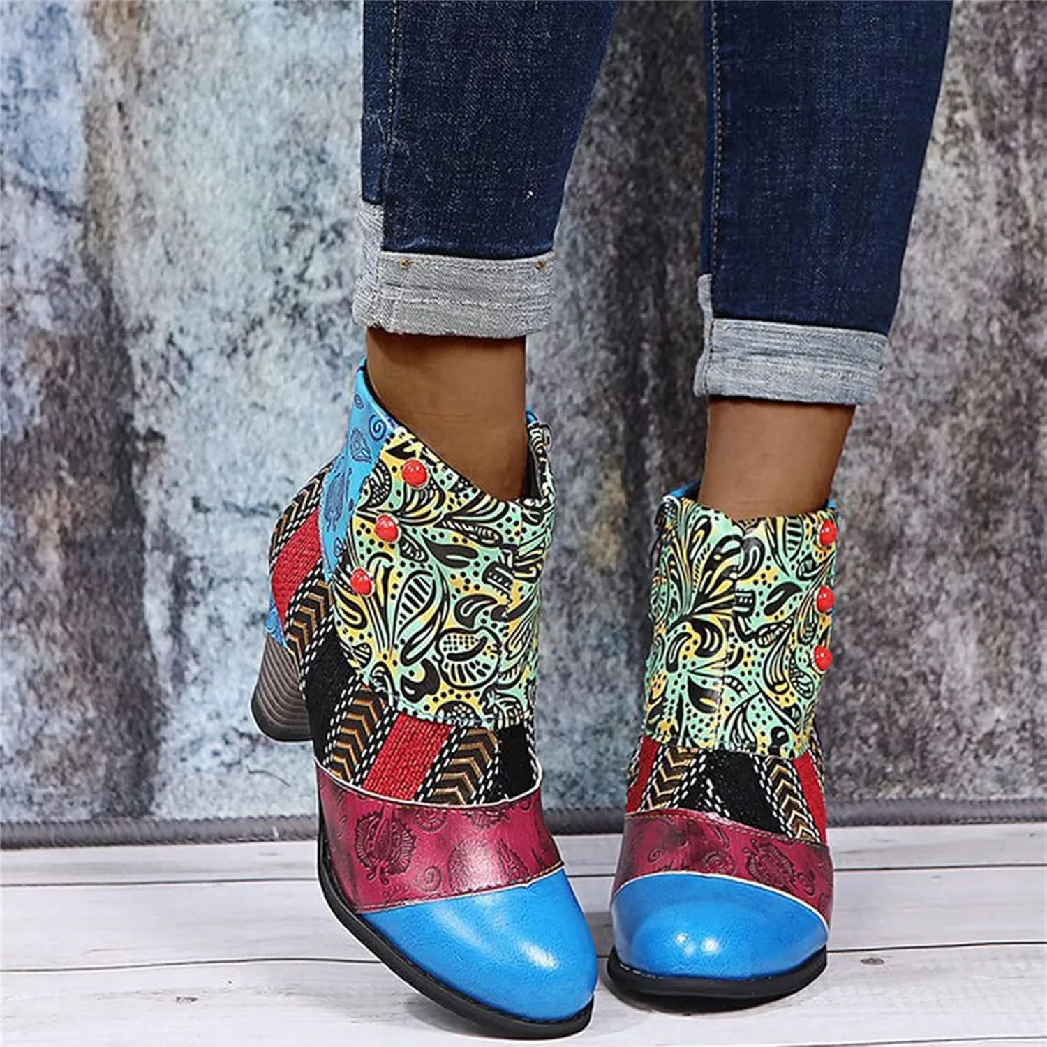 Lausiuoe Boots For Women Cowboy Style Ankle Booties Fashion Toe Stacked Mid Heel Short Boots Side Zipper Western Shoes