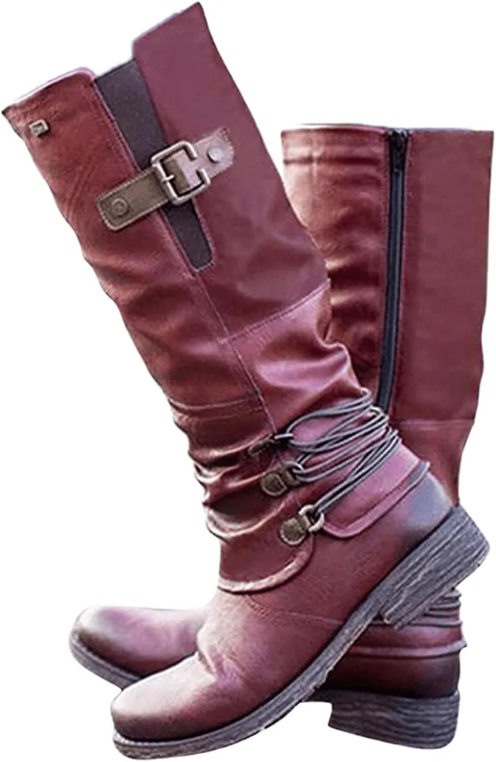 Lausiuoe Knee High Boots Women Wide Calf Flat Heel Side Zipper Motorcycle Boots Square Toe Fashion Buckles Biker Riding Boots