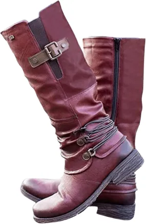 Lausiuoe Knee High Boots Women Wide Calf Flat Heel Side Zipper Motorcycle Boots Square Toe Fashion Buckles Biker Riding Boots